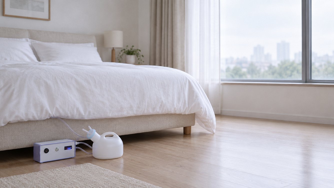 A calm bedroom in the morning, the Quietdry unit and jug beside the bed