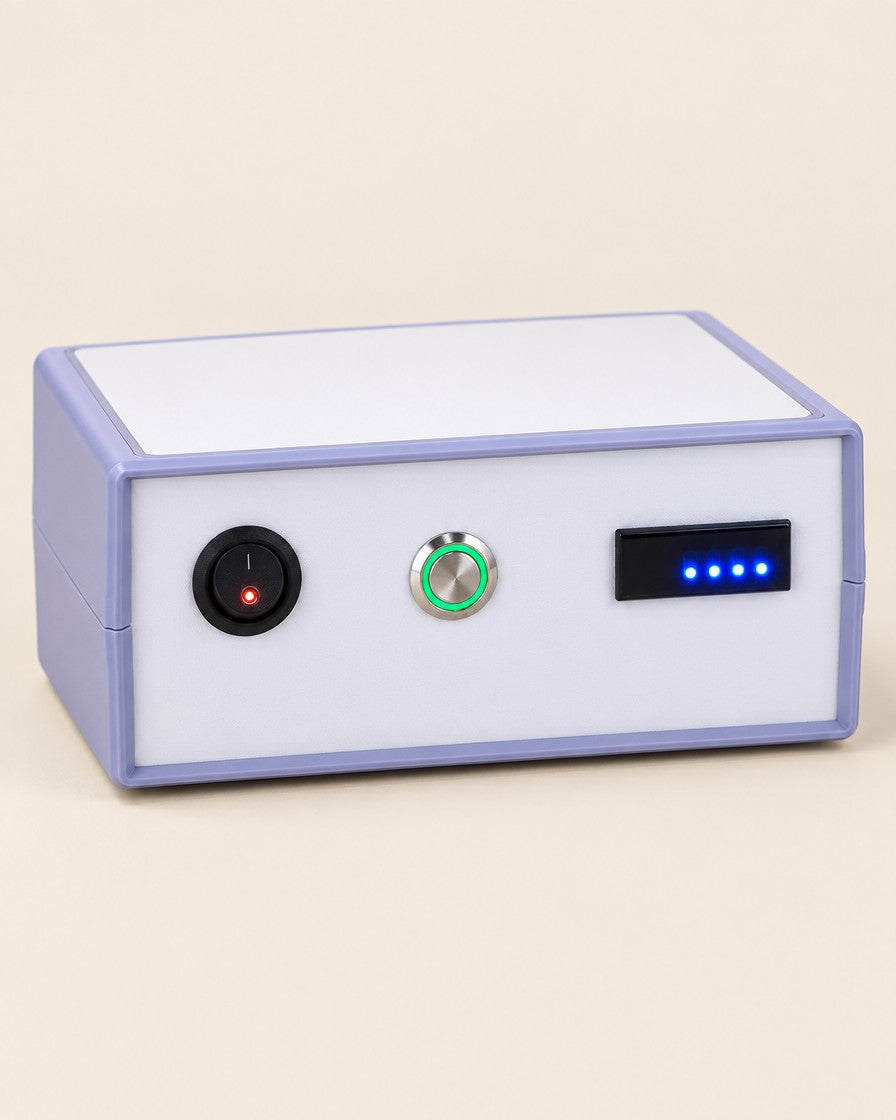 Quietdry sensing pump unit front panel: power switch, manual-drain button, battery bar