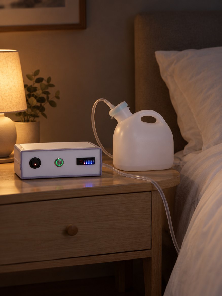 Quietdry pump unit and jug on a nightstand at night