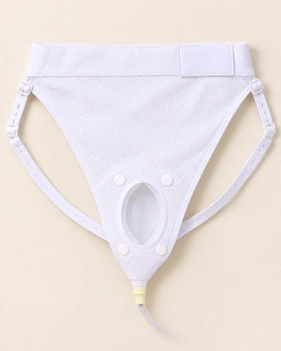 The white cotton and mesh fixing brief laid flat with the cup snapped in