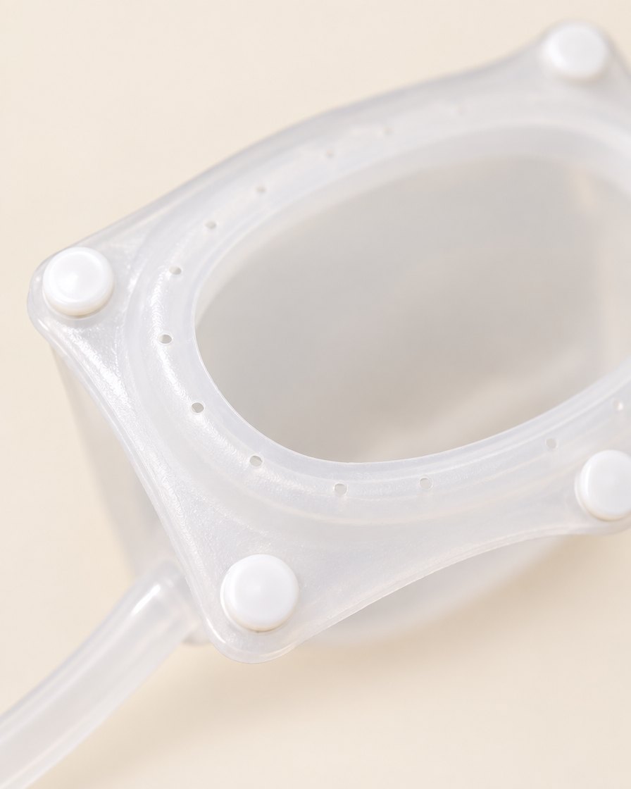 Close-up of the translucent silicone cup with its soft rim and stud buttons